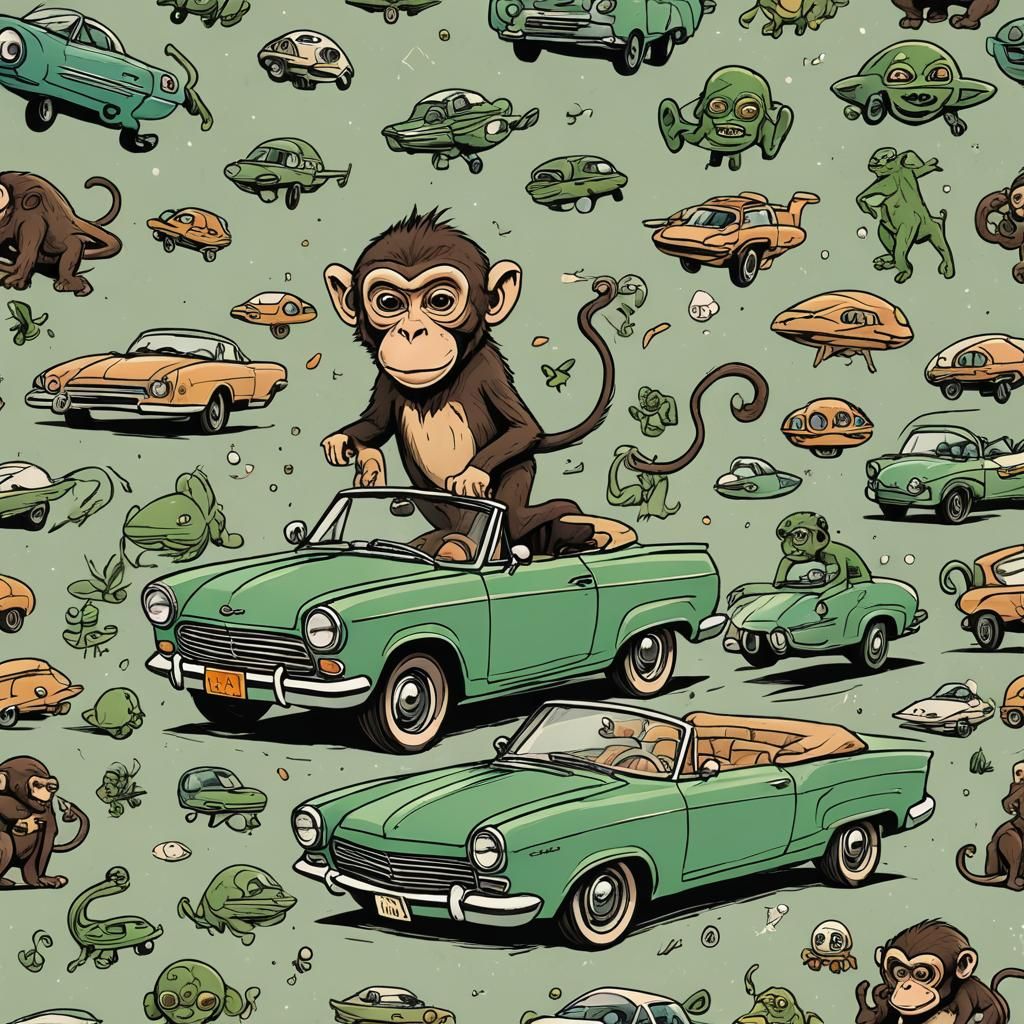 Monkey Alien in Convertible, Mid-Century Cartoon Style