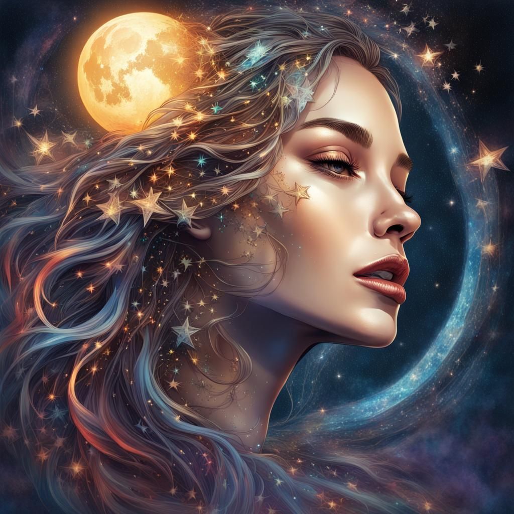 Moon Woman with Jeweled Stars in Fantasy Art