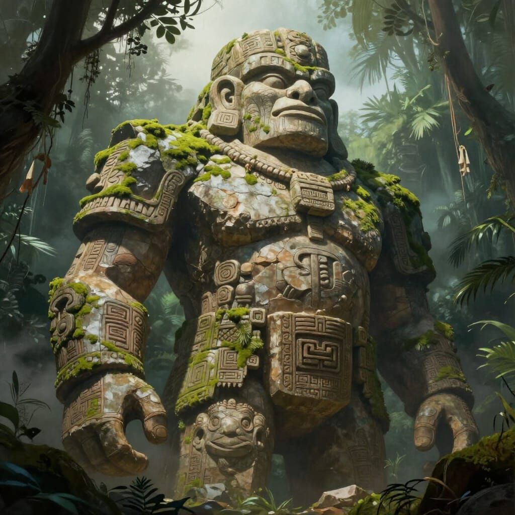 Ancient Stone Giant Quinametzin in Misty Jungle