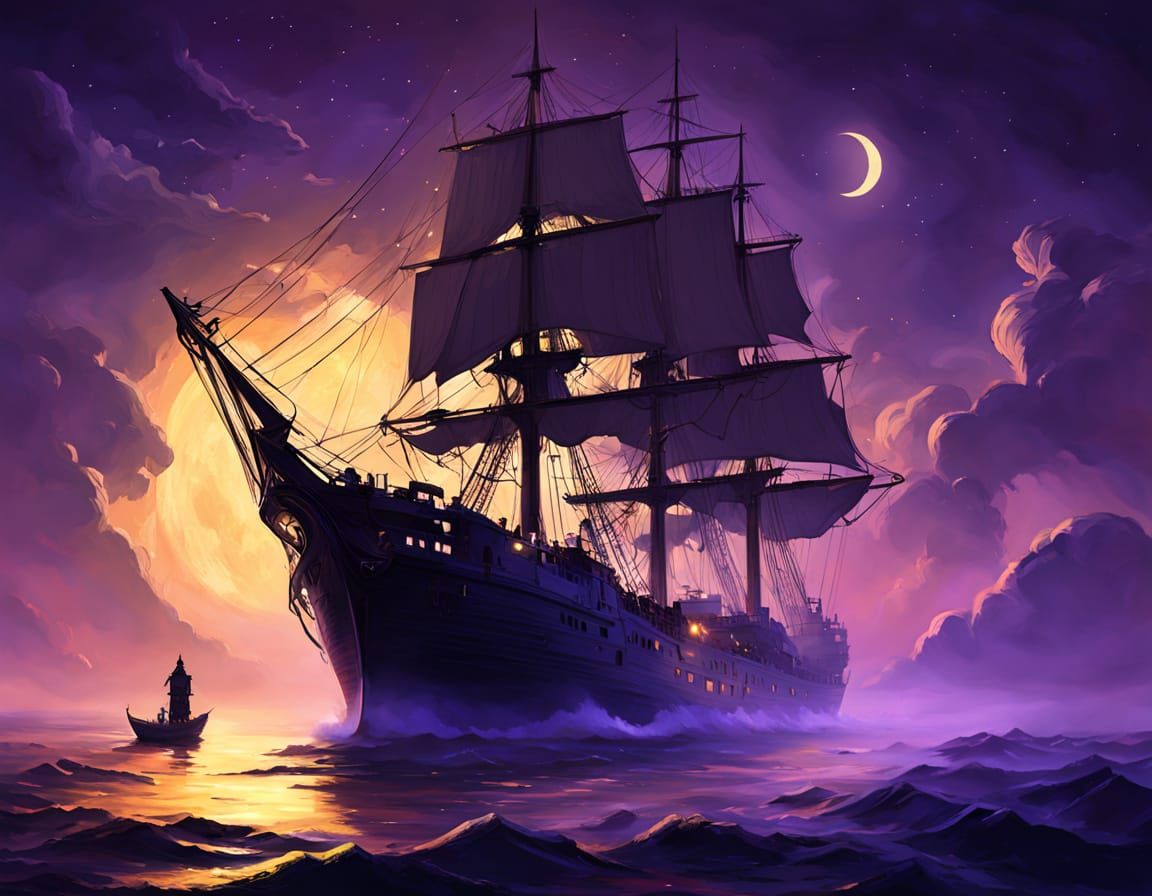 Ghost Ship on Evening Ocean in Dark Fantasy Art