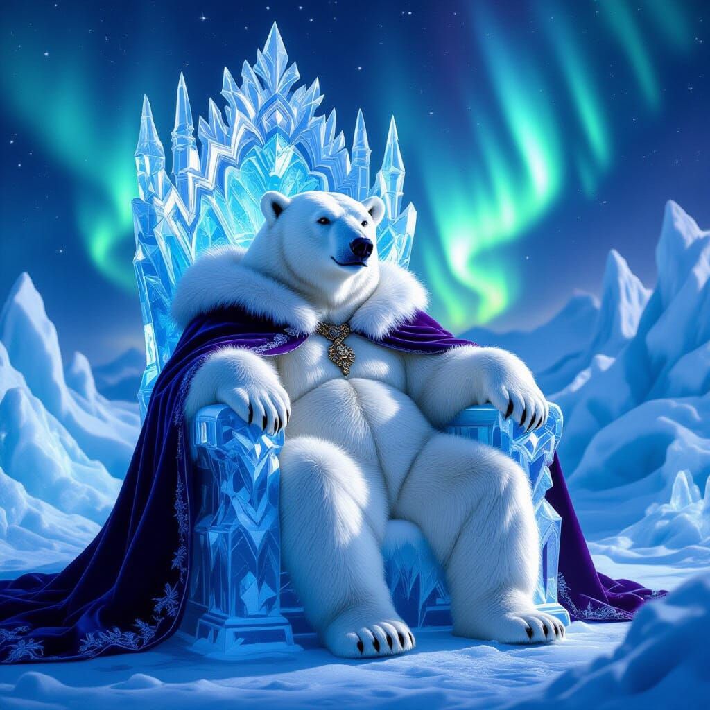 Regal Polar Bear on Iceberg Throne Under Aurora