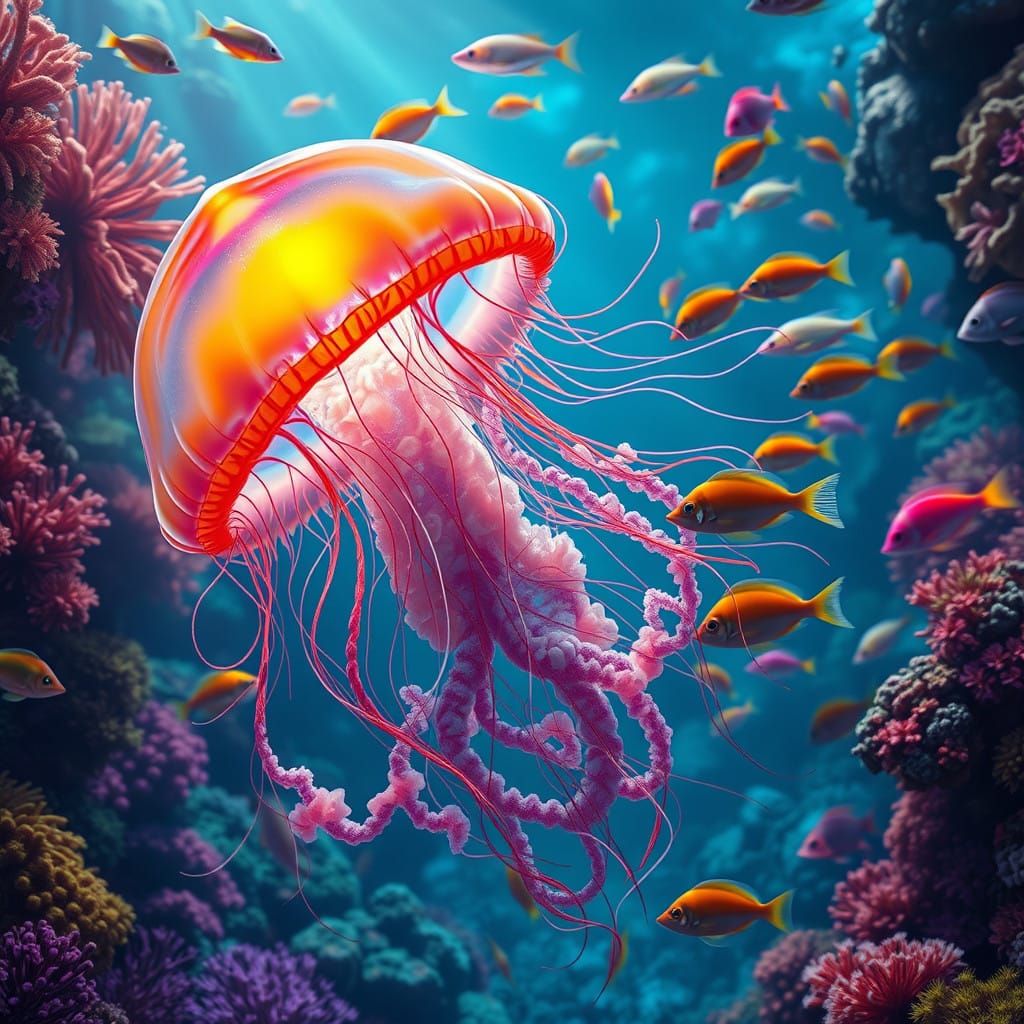 Luminous Jellyfish Amidst Vibrant Coral Reef