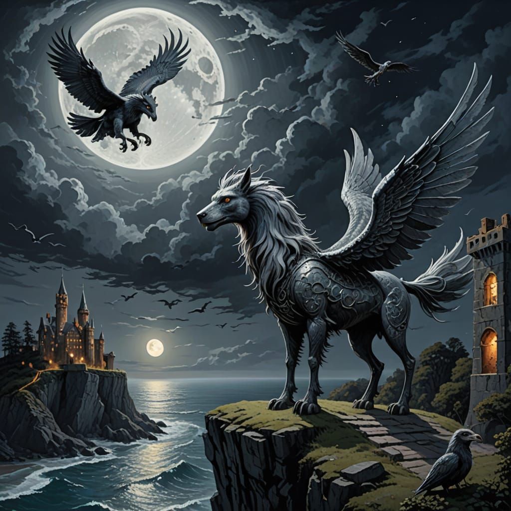 Fantasy Hippogriff and Wendigo Soar Above Abandoned Castle U...
