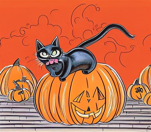 Cat Jumping Out of Pumpkin: Comic Book Style