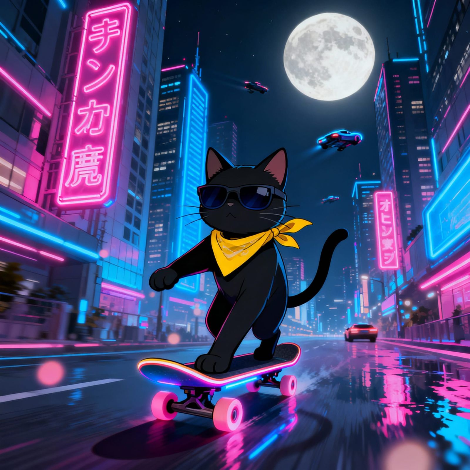 Cool Cat Rides Neon Skateboard in Cyberpunk City