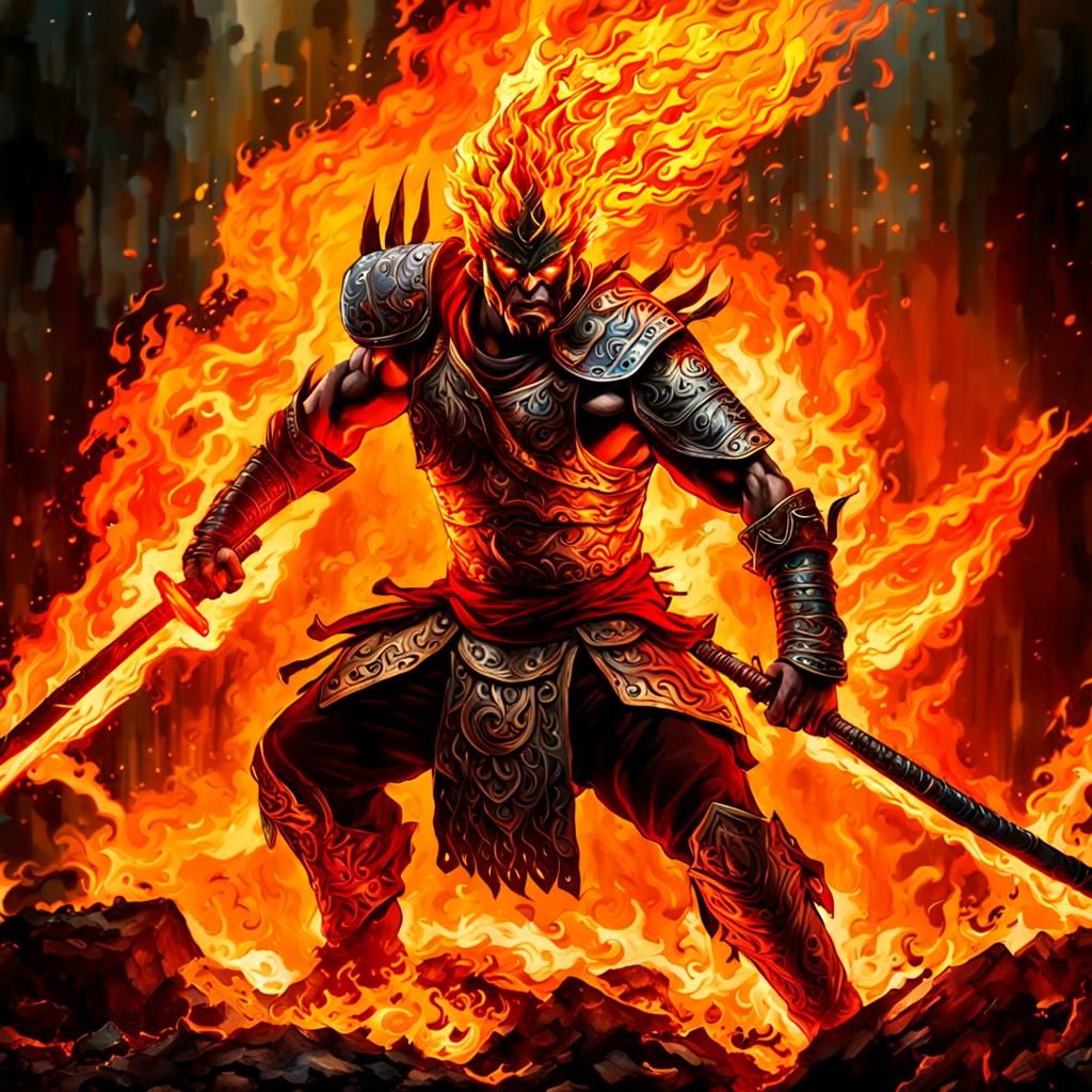 Warrior Engulfed in Flames: Strength and Determination