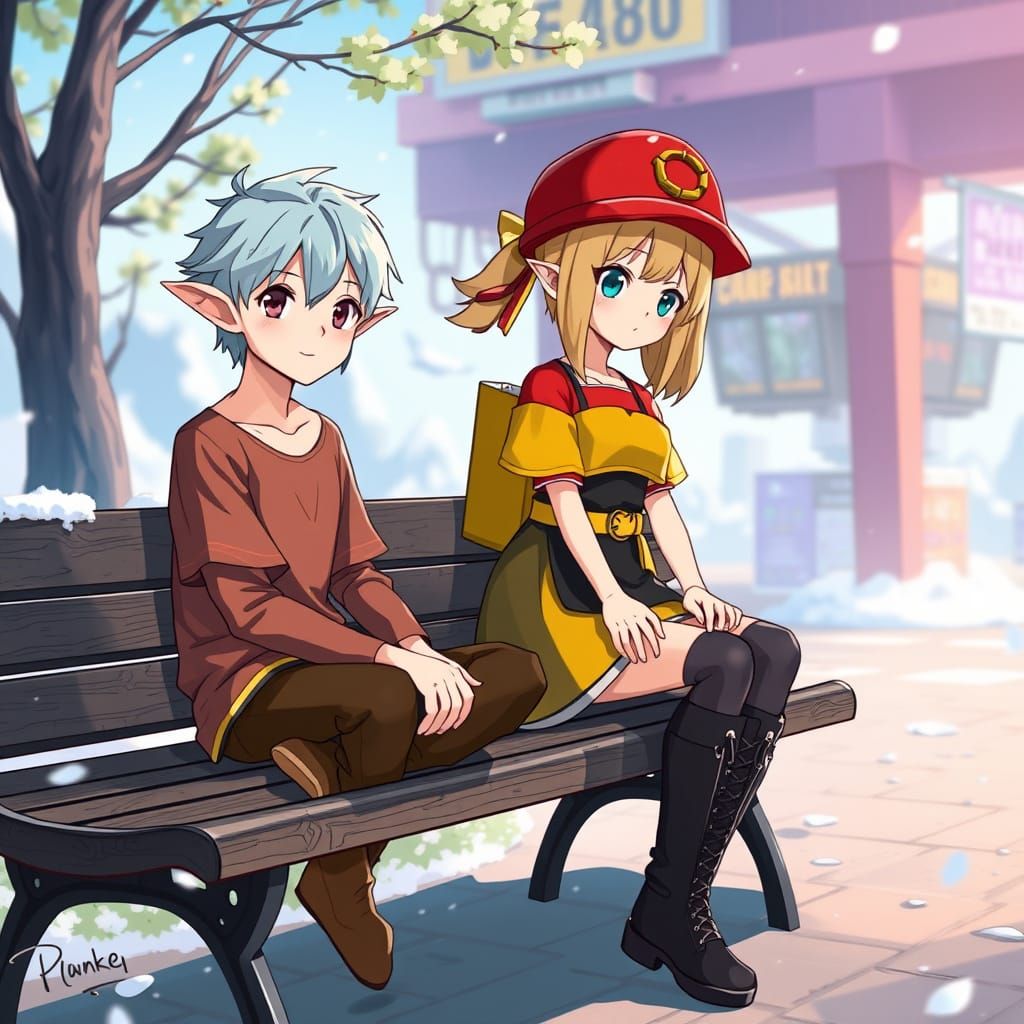 Stylized Anime Elf in Whimsical Scene with Female Worker Dro...