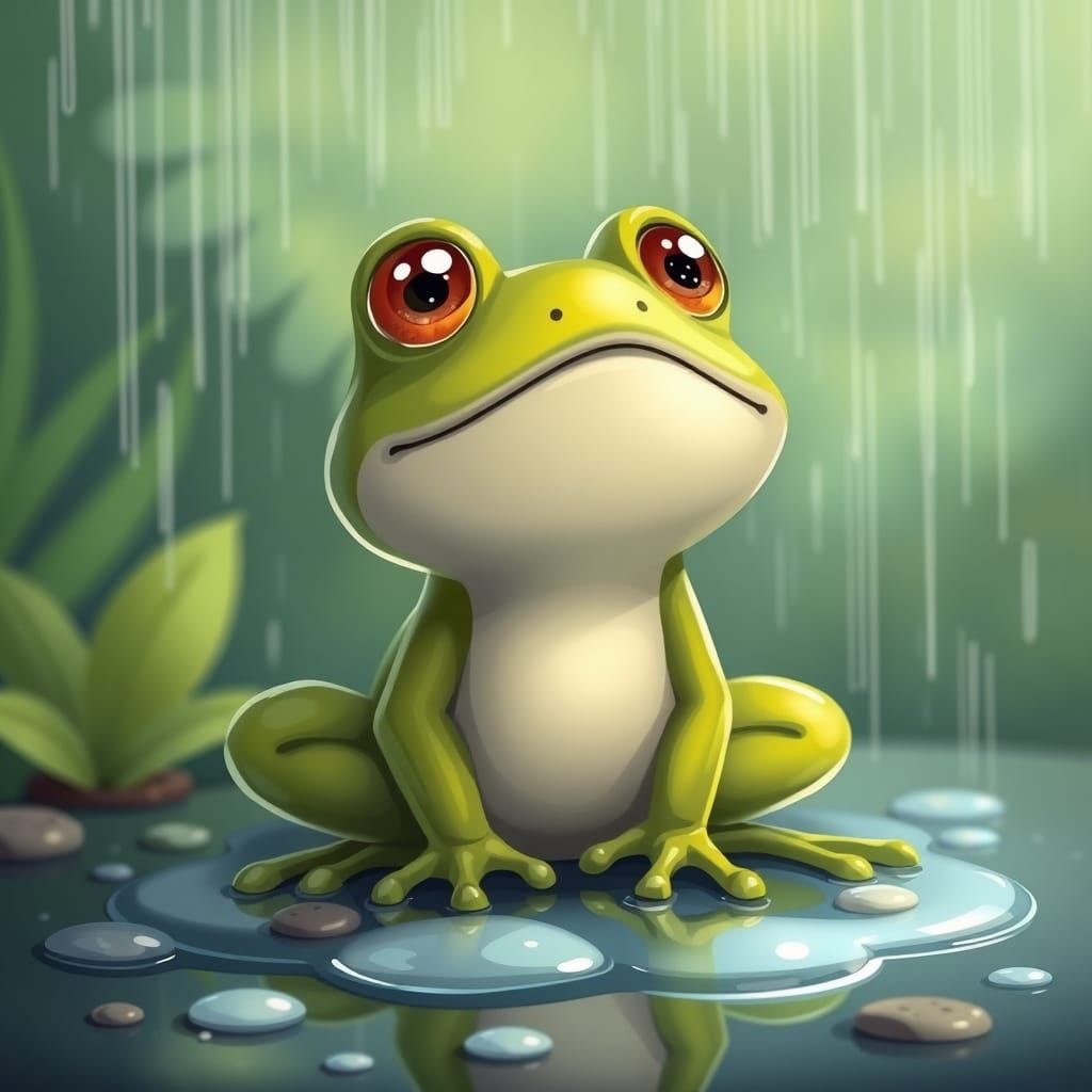 Surprised Cartoon Frog Caught in Rain