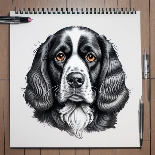 Macro color pen and ink drawing, spaniel, crosshatching.