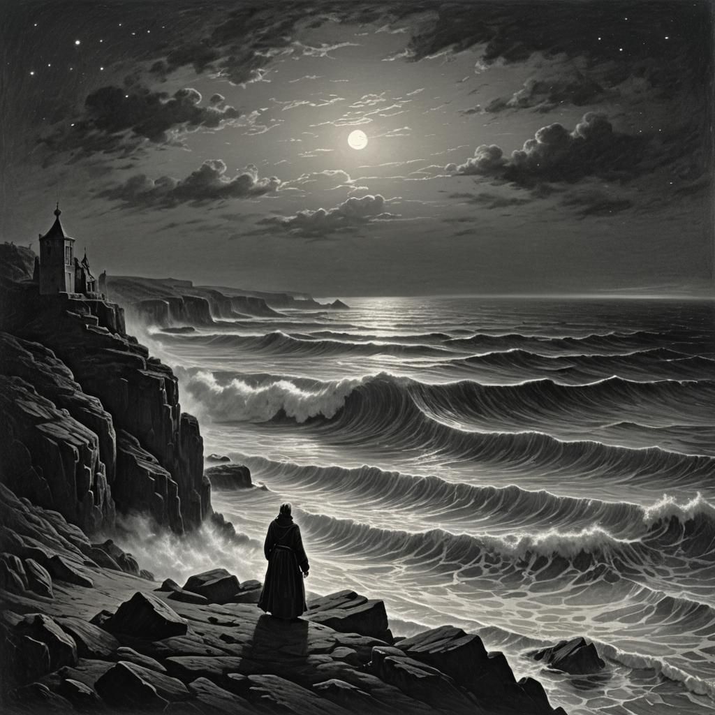 Silvery Waves Shimmering in the Dark Seascape