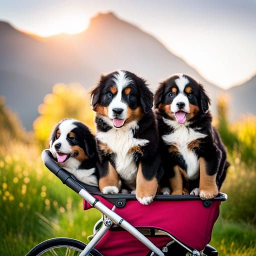 Bernese Mountain Dog Puppies in a Stroller