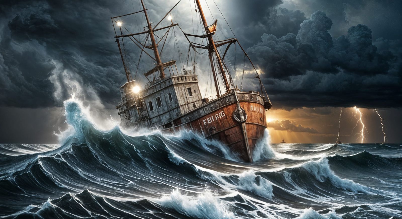 Old Rusty Fishing Trawler Battles Huge Waves in Stormy Seas