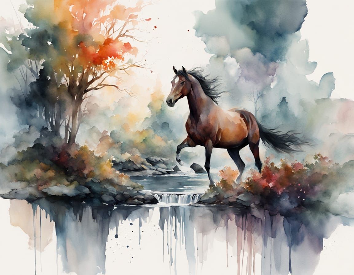 Horse Galloping Over Dream Bridge at Sunrise