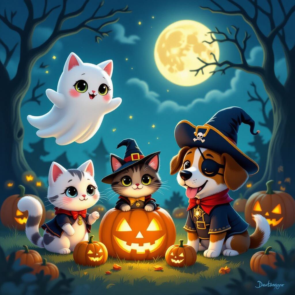 Halloween Animals Trick-or-Treating in Pumpkin Patch
