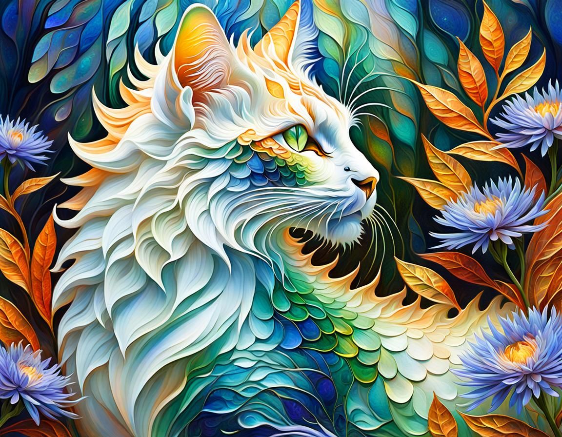 Opalescent Dragon-Cat in Aster Field as Impasto Painting