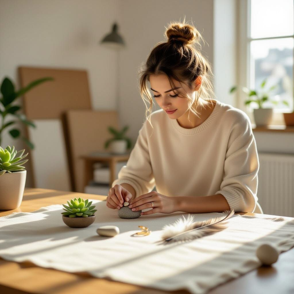 Woman Assembling Life Symbolically in Sunlit Loft