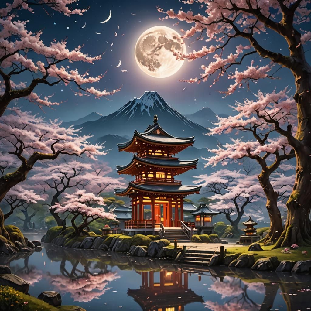 Mystical Shrine Under Cherry Blossoms, Fantasy Japan