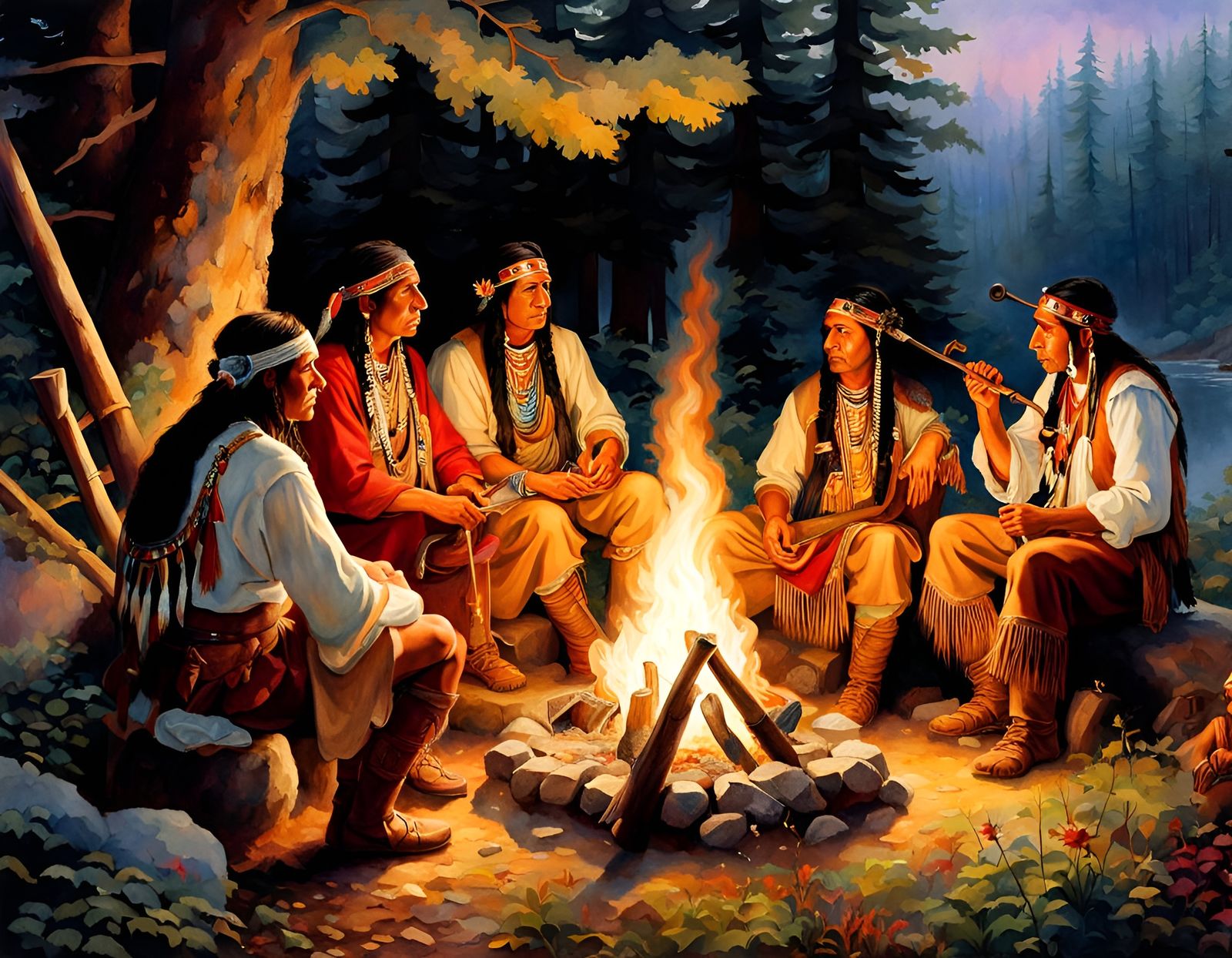 Native Americans Share Peace Pipe: Watercolor Folk Art