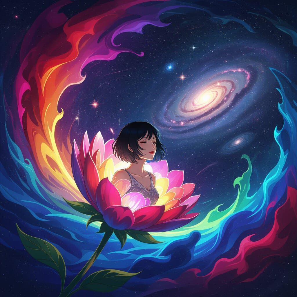 Cosmic Rebirth: Woman Emerges from Nebula Flower