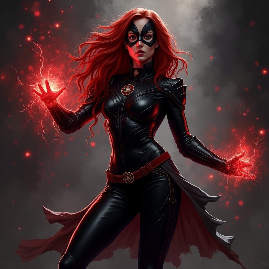 Scarlet Witch Black Widow Fusion in Dark Fantasy Comic Style