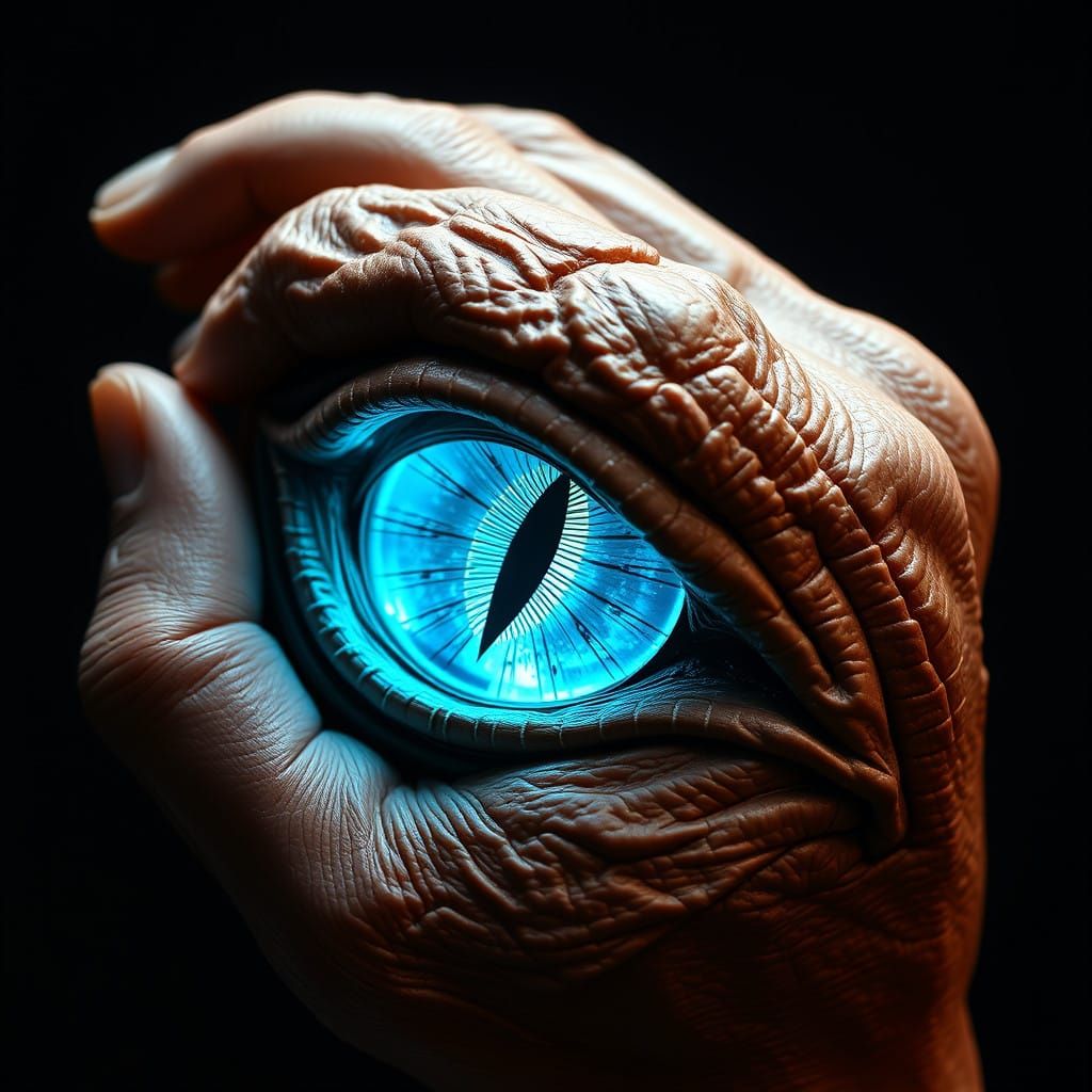 Ethereal Hand Sculpture Cradles Glowing Dragon Eye