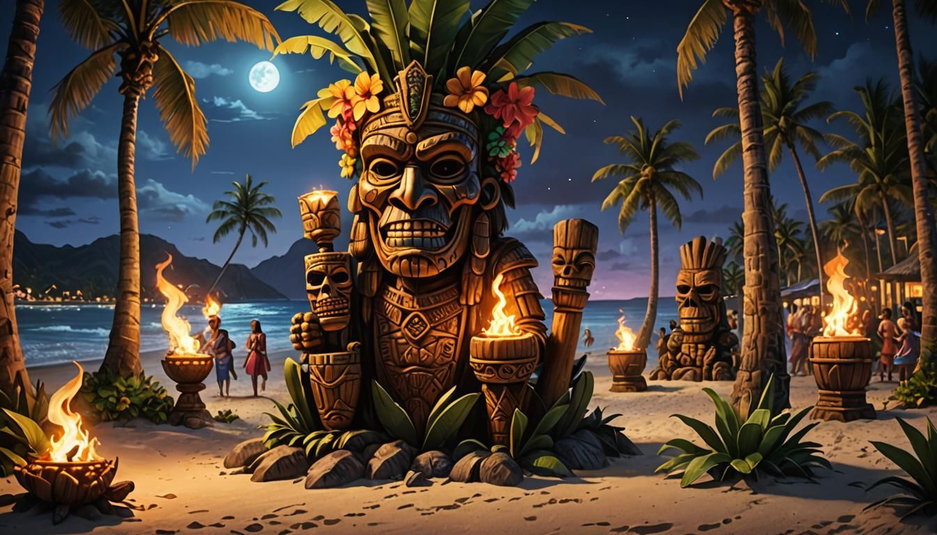 Spooky Tiki Luau on a Beach at Night
