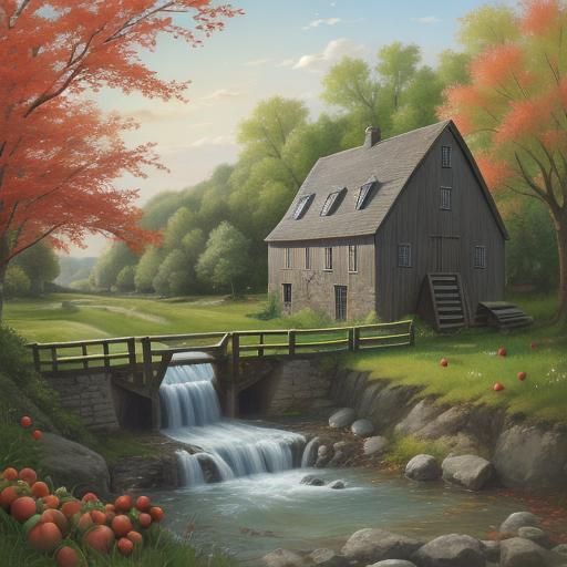 Picturesque Water Mill with Apple Tree