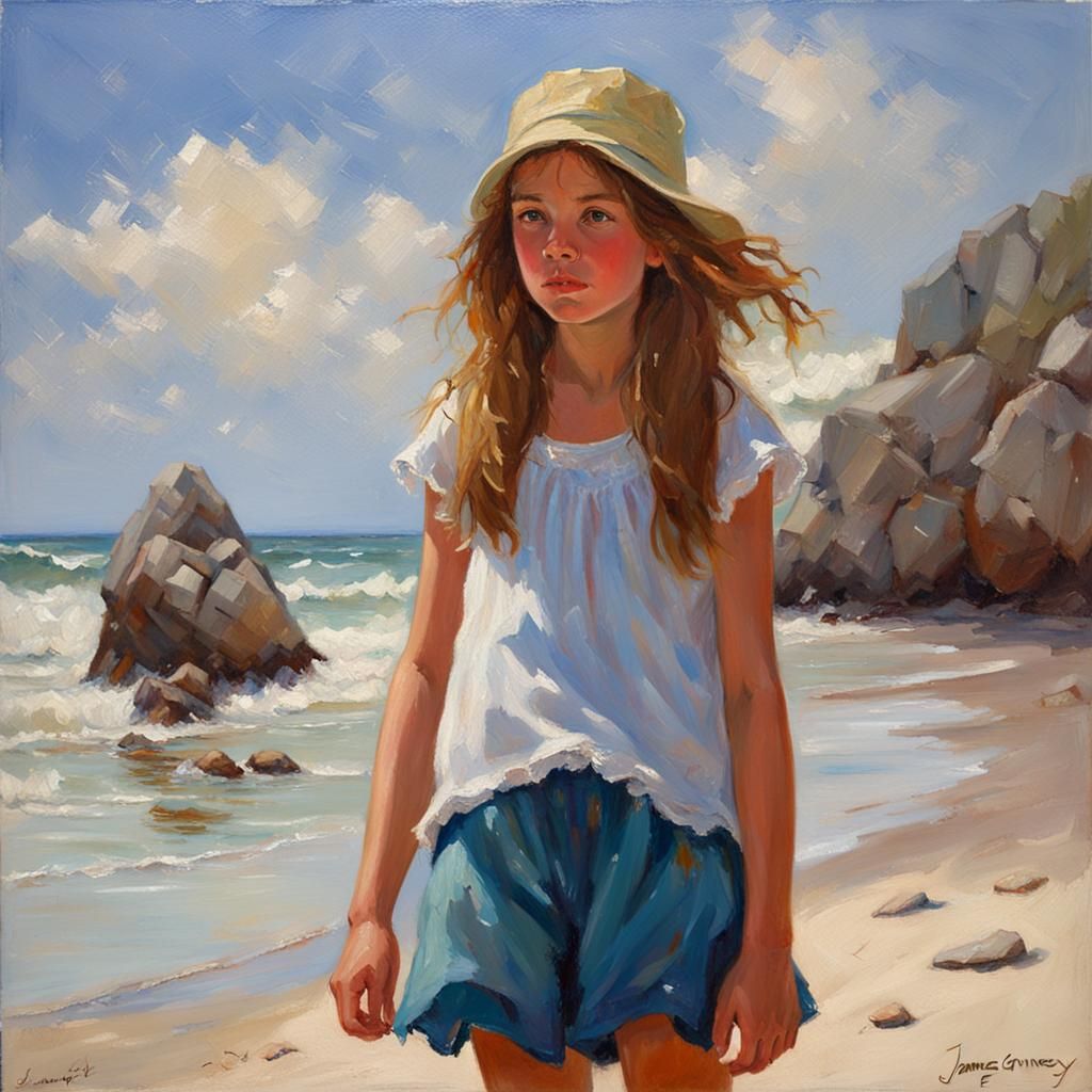 Teen Girl on Beach in Oil Painting Style