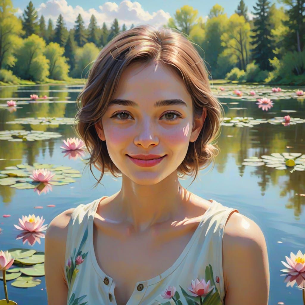 Woman Standing by Serene Lake in Springtime, in Vibrant Oil ...