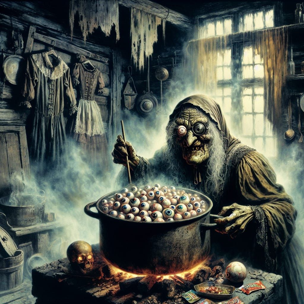 Sinister Witch Brews Eyeball Potion in Old Masters Style