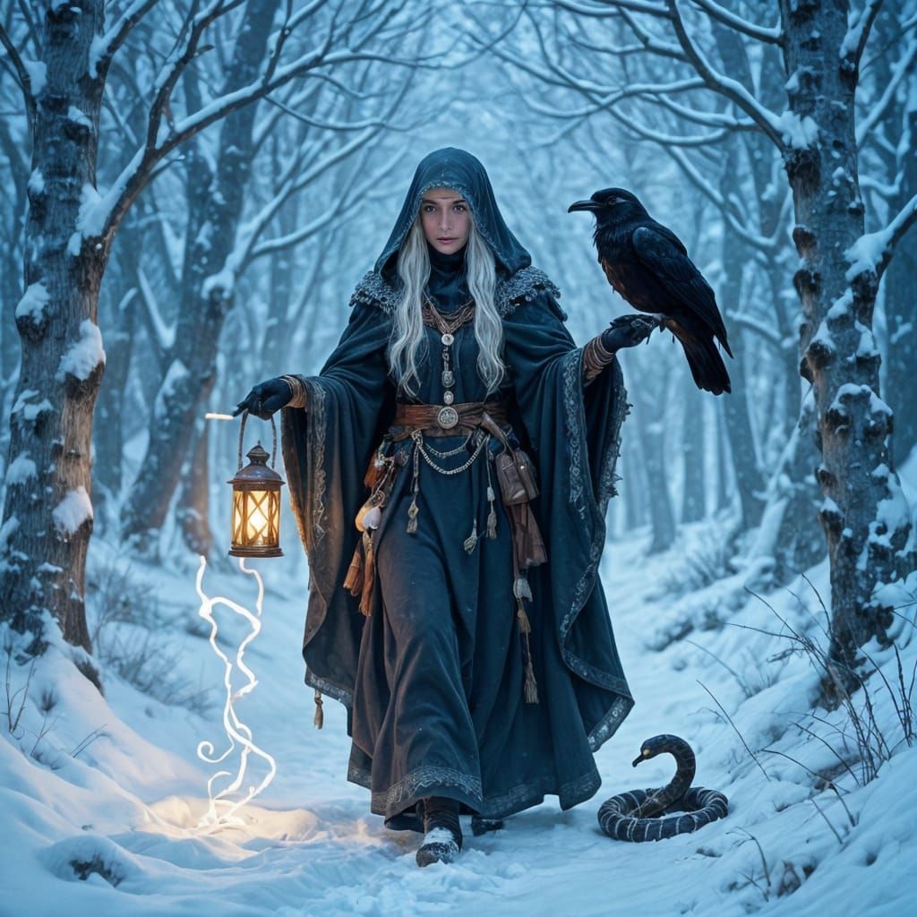 Mystical Crone Walks Through Snowy Forest