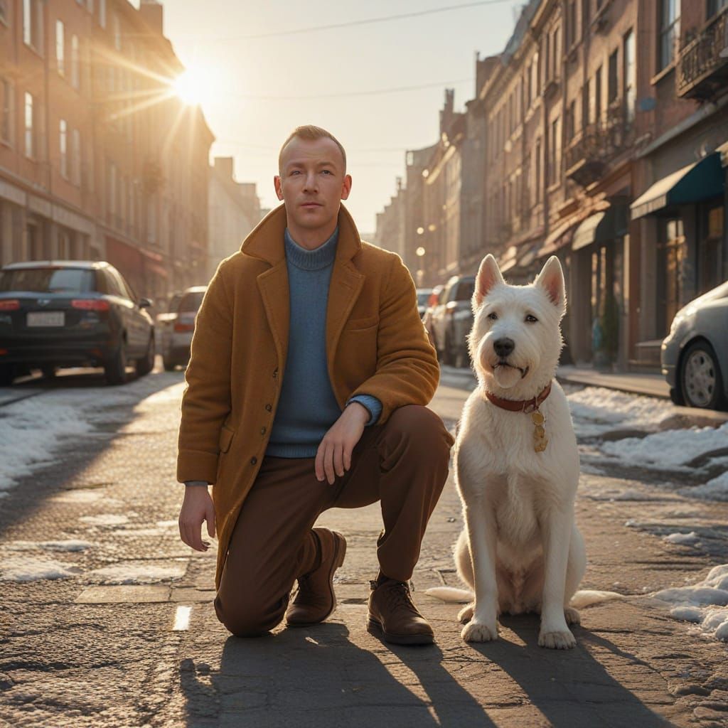 Tintin and Snowy in Modern Cityscape