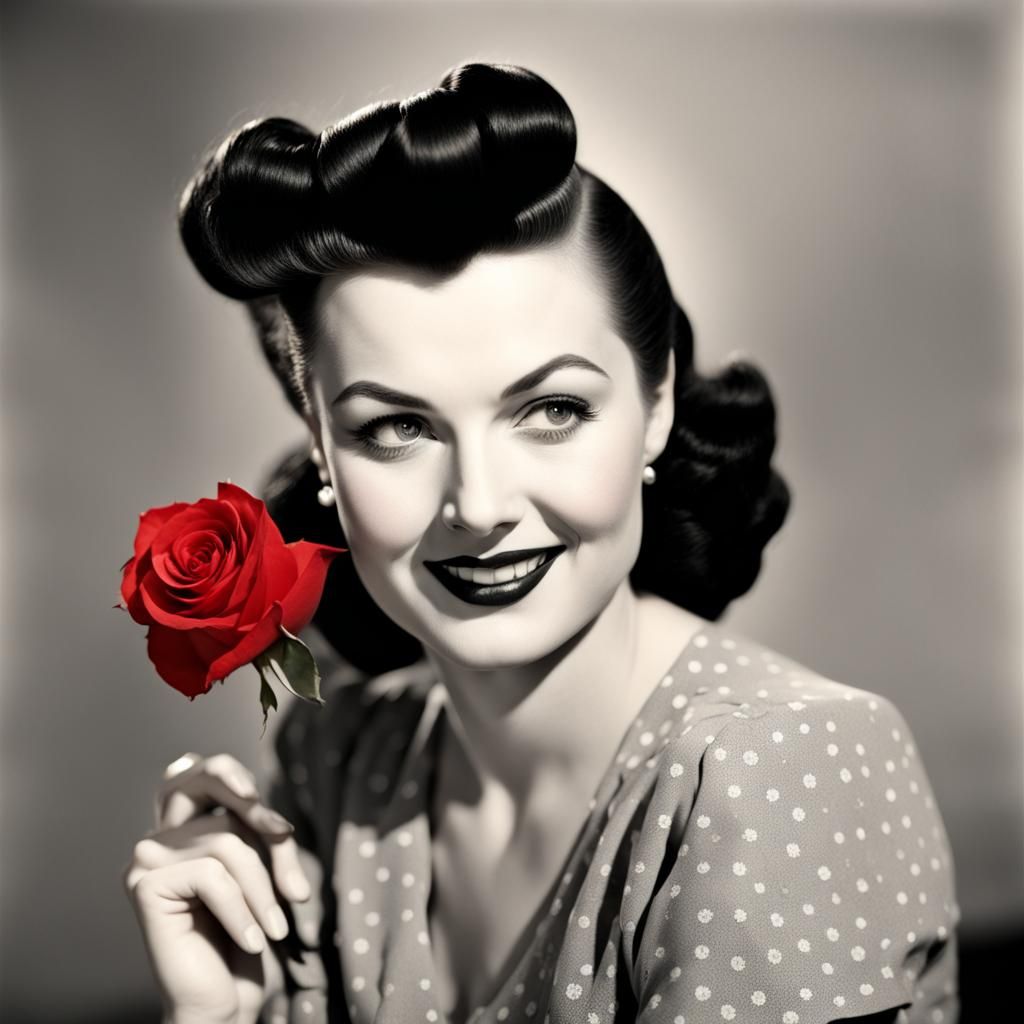 1940s Woman with Red Rose in Black and White