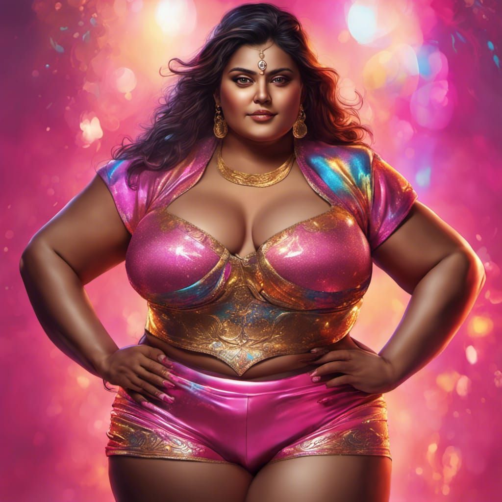 Bold Indian Woman in Pink and Gold, Hyperrealistic Art
