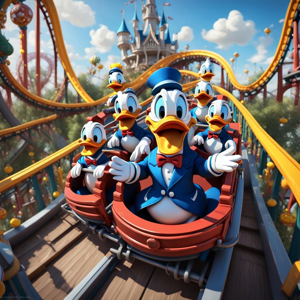 Donald duck and little ducklings riding roller coaster