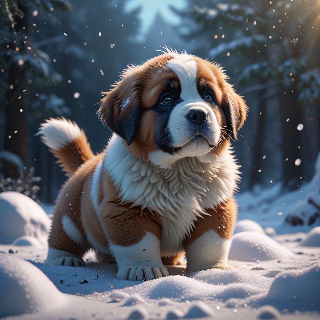 Surreal Anime-Inspired St. Bernard Puppy in Snowy Wonderland