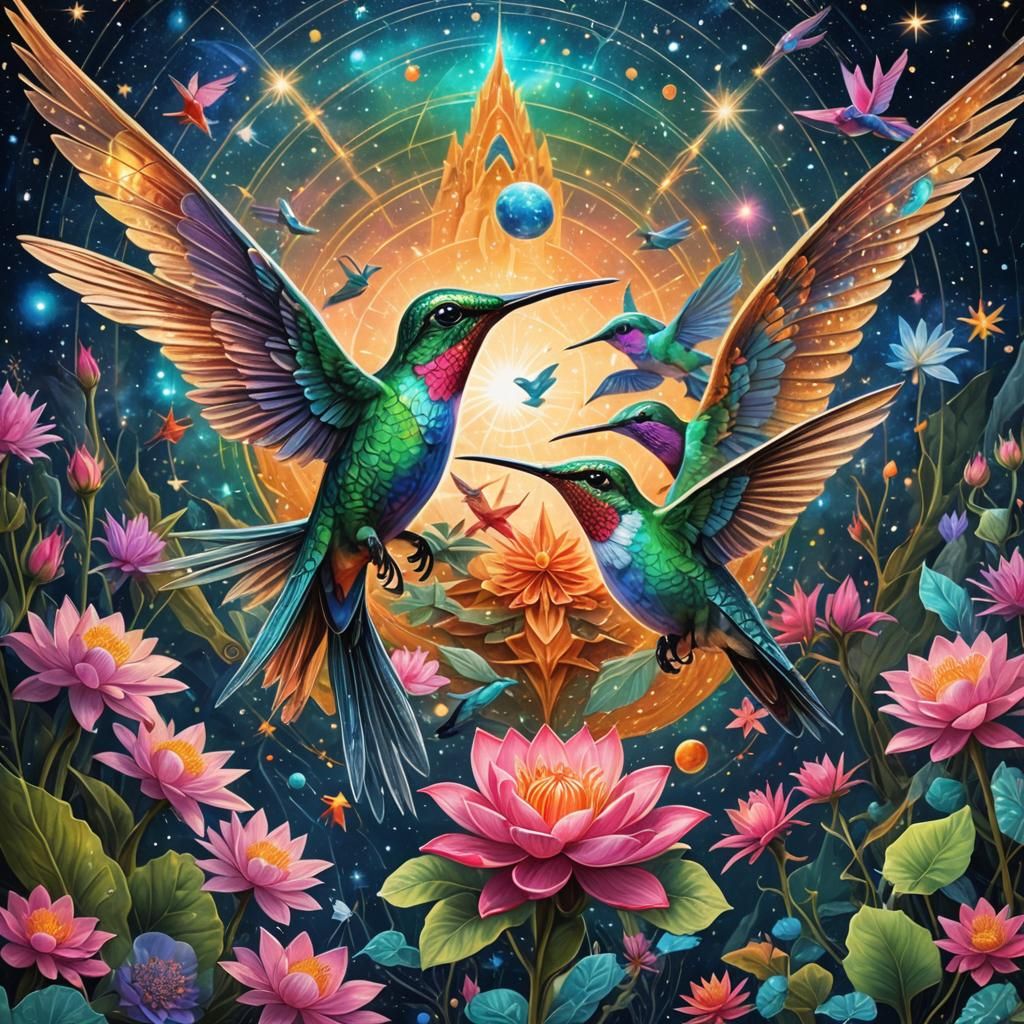 Cosmic Hummingbirds near Astral Temple: Holographic Illustra...