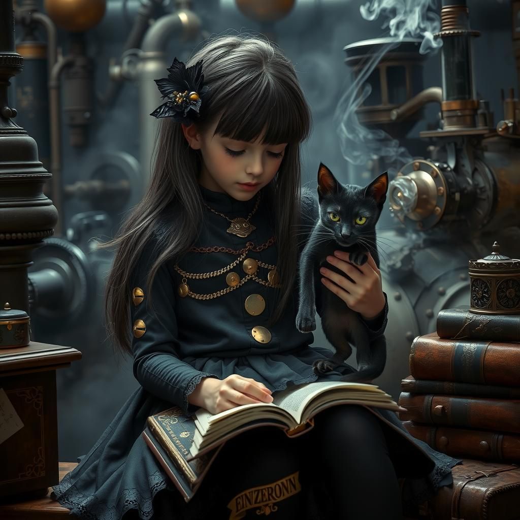 Steampunk Girl with Demon Cat in Industrial Setting