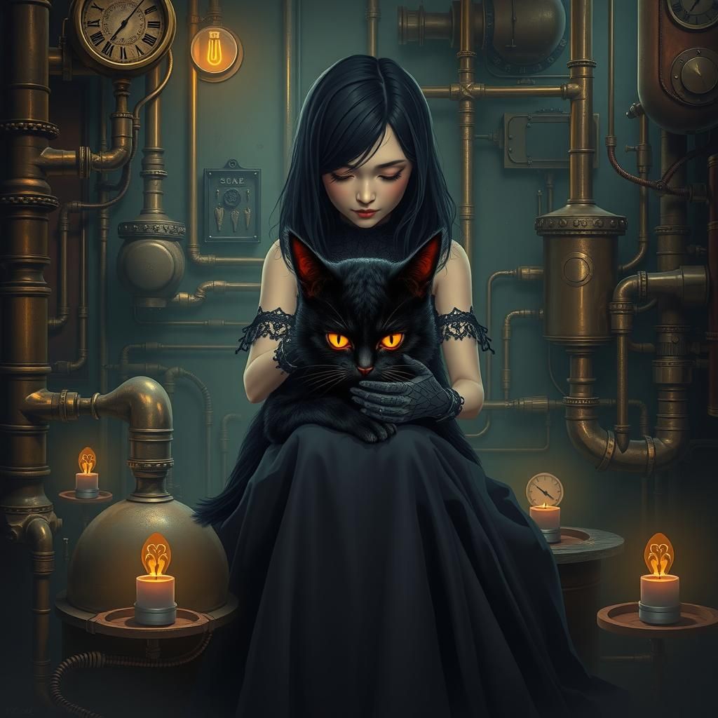 Girl with Steampunk Cat in Industrial Gothic Setting