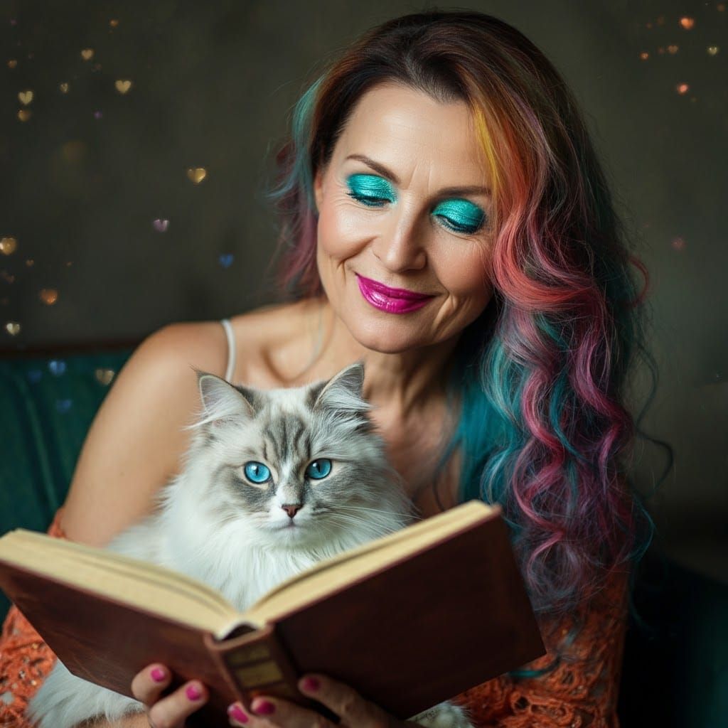 Woman with Rainbow Hair and Cat, Dreamy Illustration