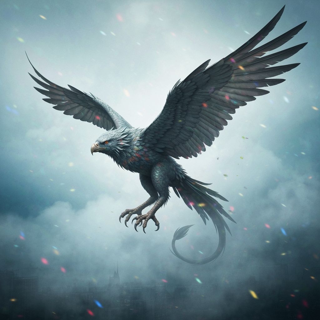 Gryphon Soaring Through Misty Skies