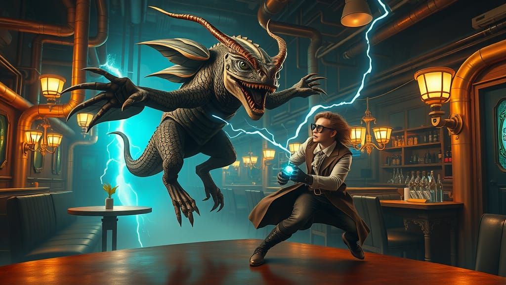 Steampunk Scene of a Terrifying Chimera and Rescuer