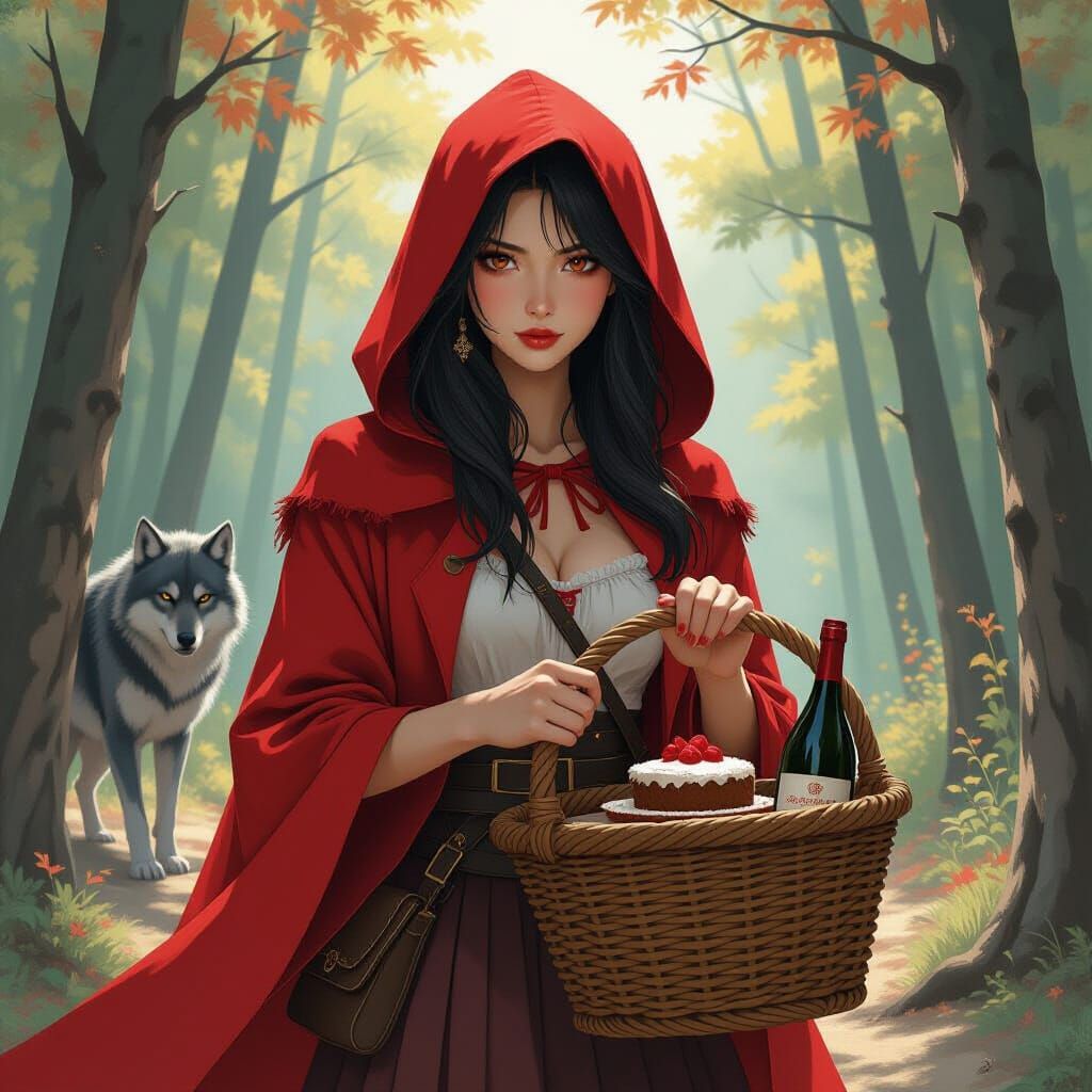 Red Riding Hood in Feudal Japan-Inspired Ukiyo-e Style