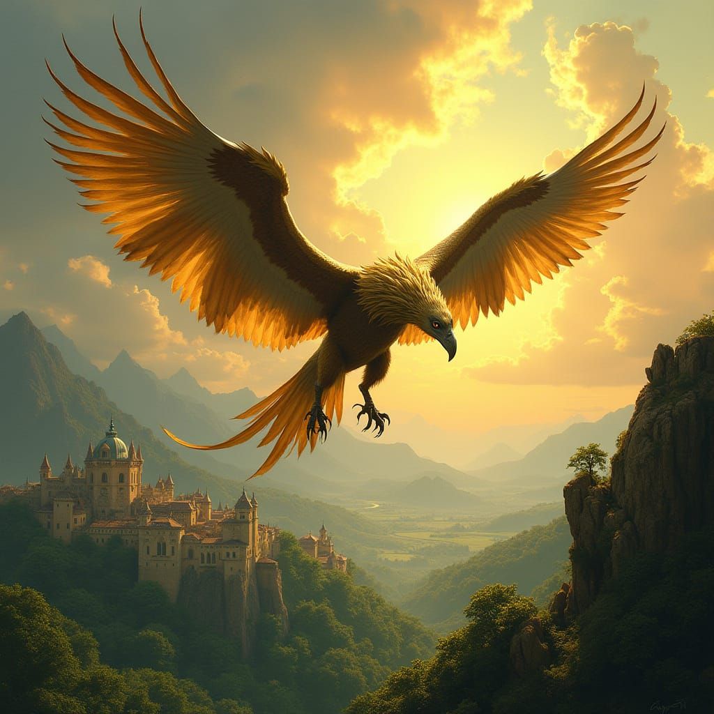 Griffin Soars Above Medieval City in Fantasy Art