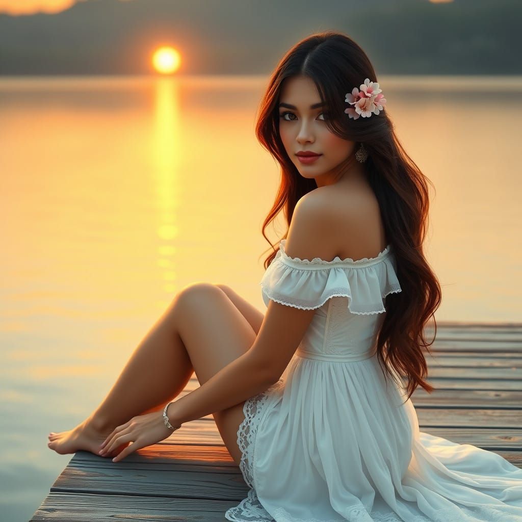 Serene Latina Woman on Wooden Dock at Sunset