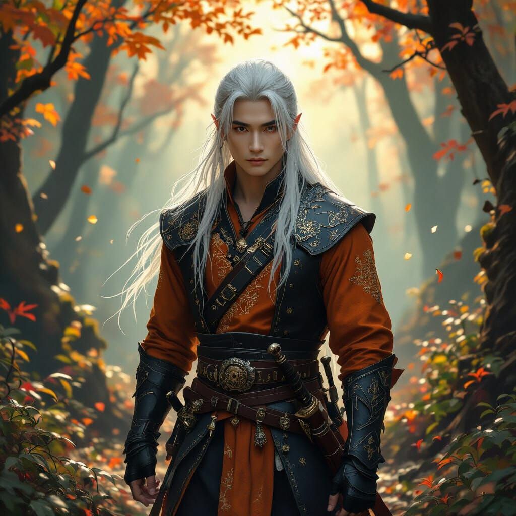 Ethereal Asian Man in Leather Armor with Gold Embroidery