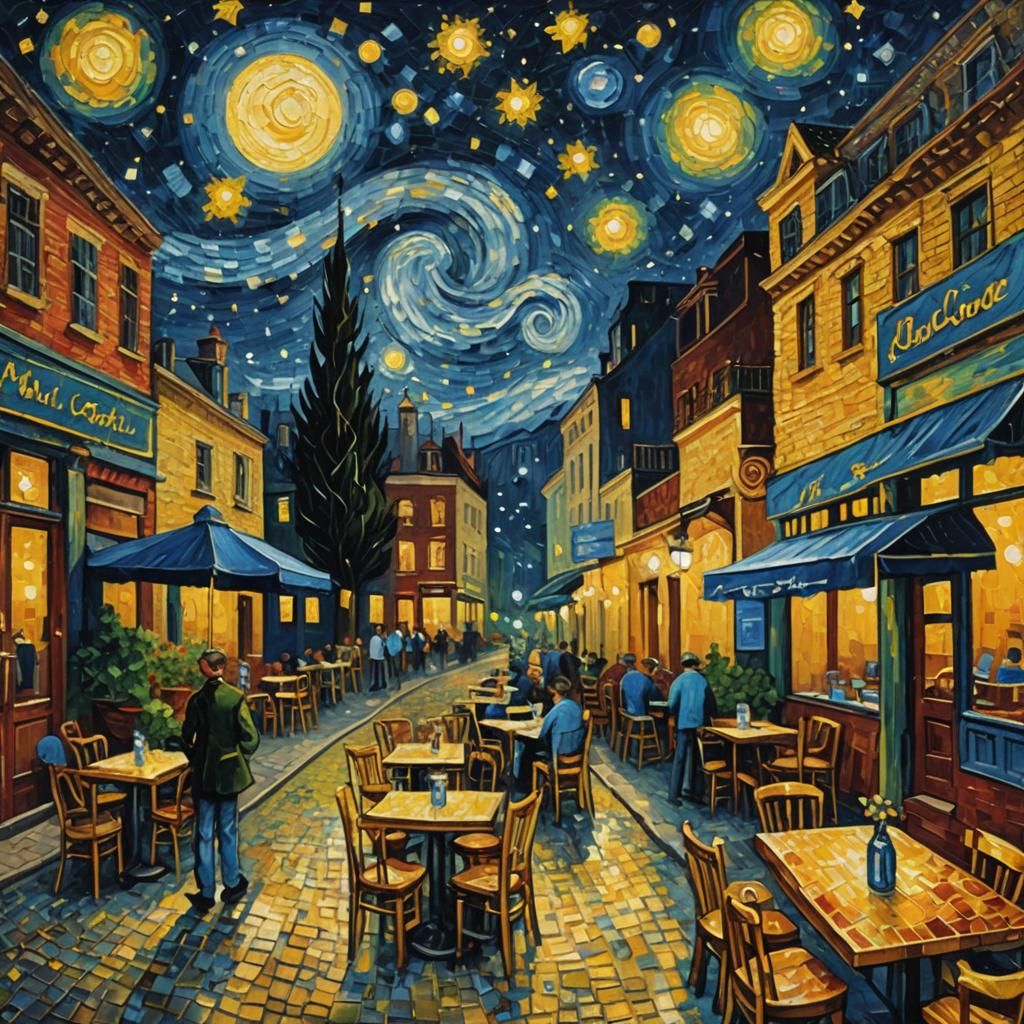 Pointillist Cafe Scene in Van Gogh Style