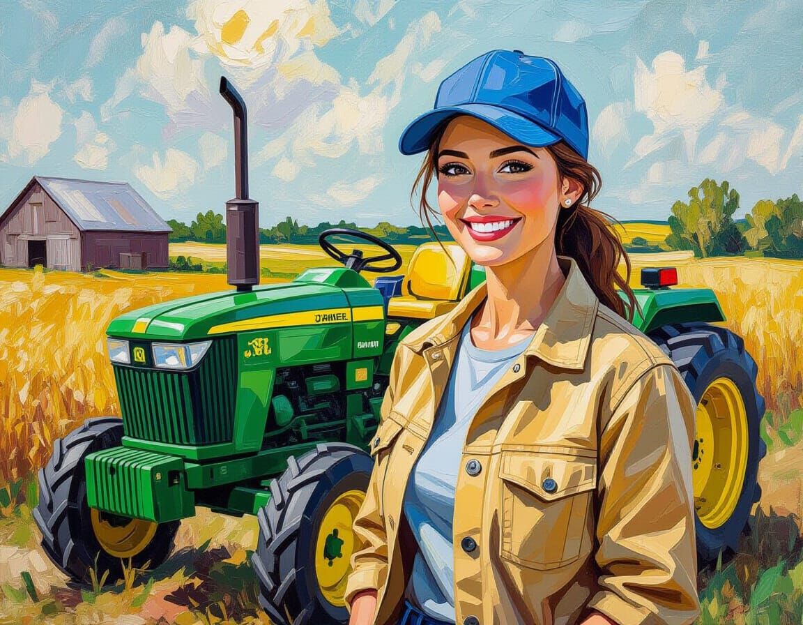 Impasto Portrait of Woman with Tractor in Van Gogh Style
