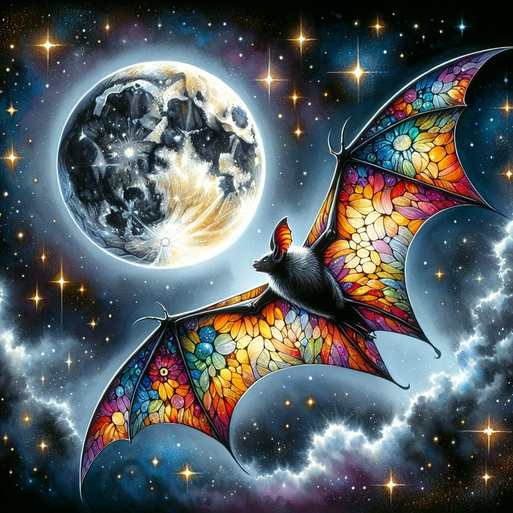 Stained-Glass Bat Soaring Under Moonlight