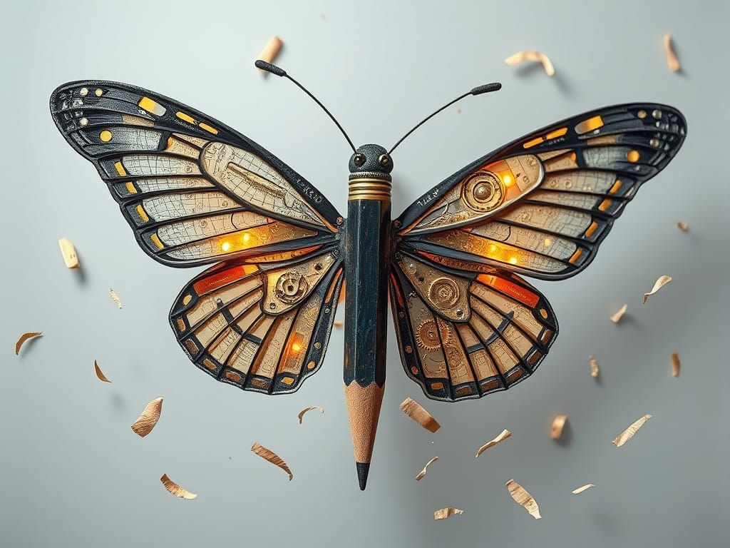 Pencil Transforms Into Mechanical Butterfly with Graphite Wi...
